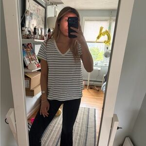 Old Navy White V-Neck Short Sleeve Top with Black Stripes